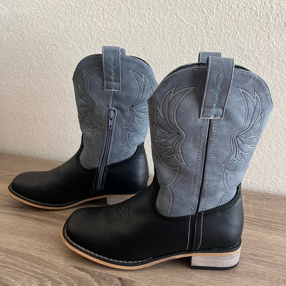 Vodvob Unisex Kids Boots 3 Black/blue Zip Pull on Western Rodeo Cowboy Cowgirl